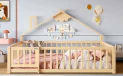 Redom Lit 140x190 cm en pin naturel avec balustrade 32 cm et serrure, style maisonnette pour enfant*Enfant Lit Enfant