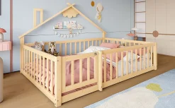 Redom Lit 140x190 cm en pin naturel avec balustrade 32 cm et serrure, style maisonnette pour enfant*Enfant Lit Enfant