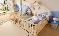 Redom Lit 140x190 cm en pin naturel avec balustrade 32 cm et serrure, style maisonnette pour enfant*Enfant Lit Enfant