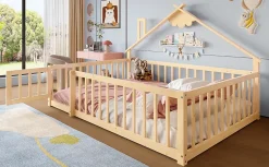 Redom Lit 140x190 cm en pin naturel avec balustrade 32 cm et serrure, style maisonnette pour enfant*Enfant Lit Enfant