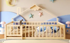 Redom Lit 140x190 cm en pin naturel avec balustrade 32 cm et serrure, style maisonnette pour enfant*Enfant Lit Enfant