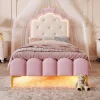 Lit 90x200 cm en PU rose avec tête de lit couronnée et éclairage LED d'ambiance réglable, sommier à lattes>Redom Sale