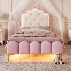Lit 90x200 cm en PU rose avec tête de lit couronnée et éclairage LED d'ambiance réglable, sommier à lattes>Redom Sale