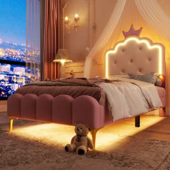 Lit 90x200 cm en PU rose avec tête de lit couronnée et éclairage LED d'ambiance réglable, sommier à lattes>Redom Sale