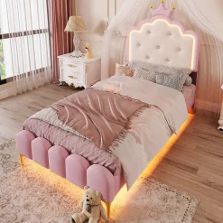 Lit 90x200 cm en PU rose avec tête de lit couronnée et éclairage LED d'ambiance réglable, sommier à lattes><noscript><img width=
