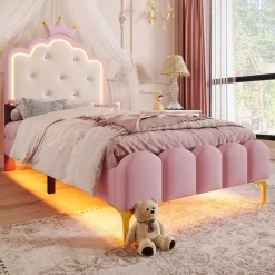 Lit 90x200 cm en PU rose avec tête de lit couronnée et éclairage LED d'ambiance réglable, sommier à lattes><noscript><img width=