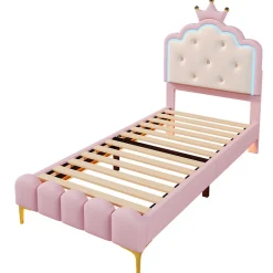 Lit 90x200 cm en PU rose avec tête de lit couronnée et éclairage LED d'ambiance réglable, sommier à lattes><noscript><img width=