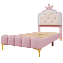Lit 90x200 cm en PU rose avec tête de lit couronnée et éclairage LED d'ambiance réglable, sommier à lattes><noscript><img width=