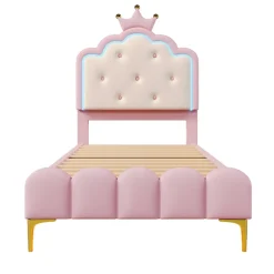 Lit 90x200 cm en PU rose avec tête de lit couronnée et éclairage LED d'ambiance réglable, sommier à lattes><noscript><img width=