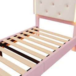 Lit 90x200 cm en PU rose avec tête de lit couronnée et éclairage LED d'ambiance réglable, sommier à lattes><noscript><img width=
