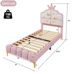 Lit 90x200 cm en PU rose avec tête de lit couronnée et éclairage LED d'ambiance réglable, sommier à lattes><noscript><img width=