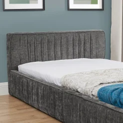 Redom Lit 90x200 cm en tissu chenille Dark Gray, plis décoratifs, bois d'eucalyptus et cadre métal stable* Lit Simple