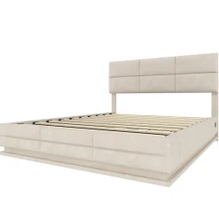 Lit 180x200 cm en velours beige avec tête de lit réglable, éclairage LED dimmable et grand rangement><noscript><img width=