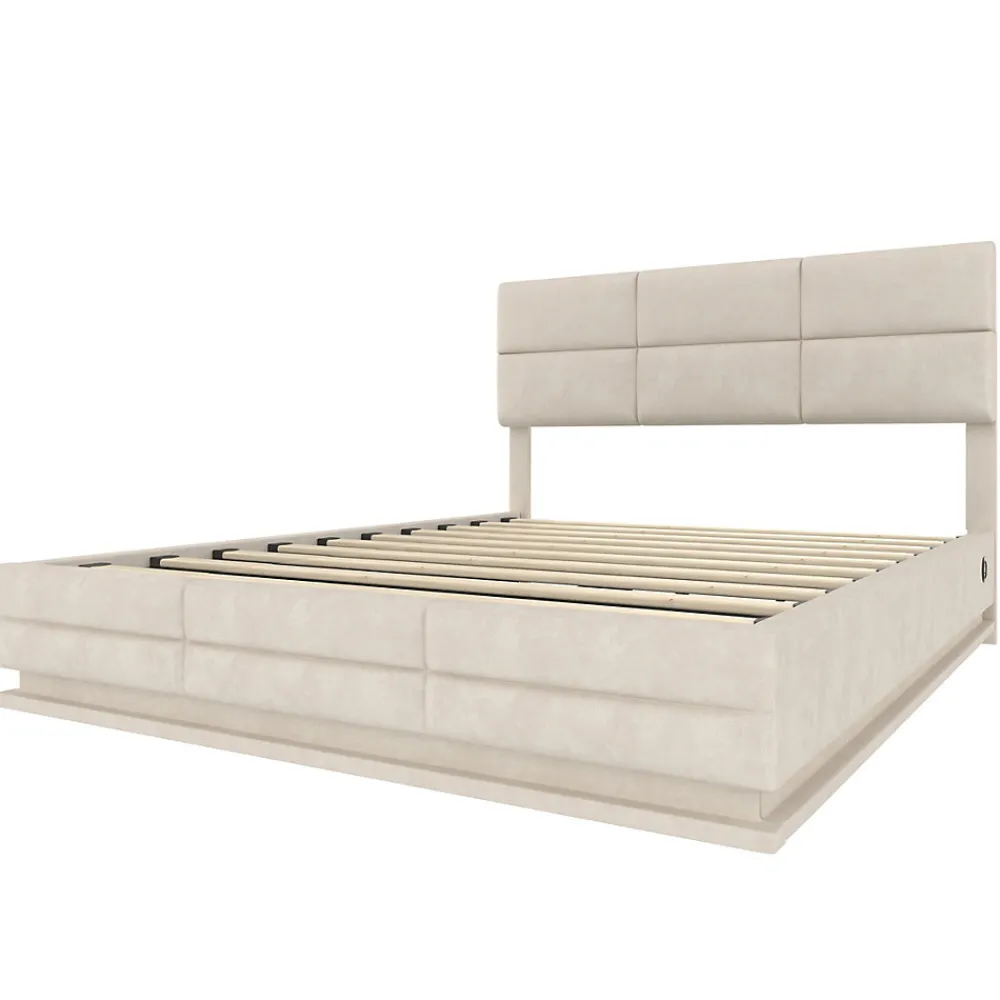 Lit 180x200 cm en velours beige avec tête de lit réglable, éclairage LED dimmable et grand rangement>Redom Online