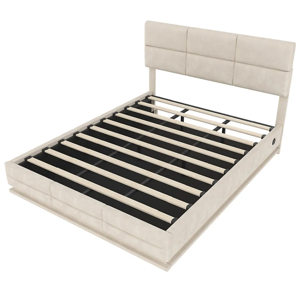 Lit 180x200 cm en velours beige avec tête de lit réglable, éclairage LED dimmable et grand rangement>Redom Online