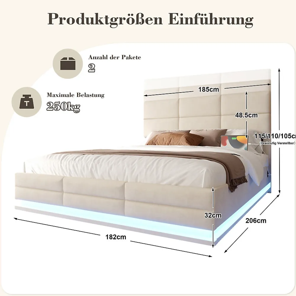 Lit 180x200 cm en velours beige avec tête de lit réglable, éclairage LED dimmable et grand rangement>Redom Online