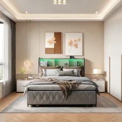 Simple Life Lit 180x200 cm en velours beige avec tiroirs, tête de lit LED multicolore, USB/Type-C et rangement sous lit* Lit Coffre