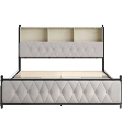 Simple Life Lit 180x200 cm en velours beige avec tiroirs, tête de lit LED multicolore, USB/Type-C et rangement sous lit* Lit Coffre