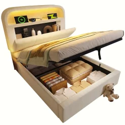 Redom Lit 90x200 cm en velours beige avec tête de lit réglable et rangement hydropneumatique au design contemporain* Lit Avec Rangement