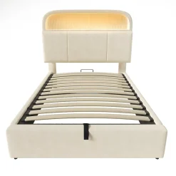 Redom Lit 90x200 cm en velours beige avec tête de lit réglable et rangement hydropneumatique au design contemporain* Lit Avec Rangement