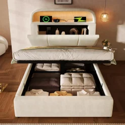 Redom Lit 90x200 cm en velours beige avec tête de lit réglable et rangement hydropneumatique au design contemporain* Lit Avec Rangement