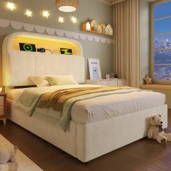 Redom Lit 90x200 cm en velours beige avec tête de lit réglable et rangement hydropneumatique au design contemporain* Lit Avec Rangement