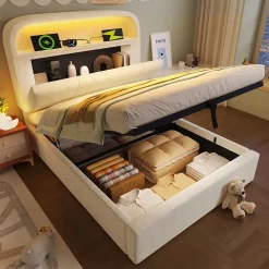 Redom Lit 90x200 cm en velours beige avec tête de lit réglable et rangement hydropneumatique au design contemporain* Lit Avec Rangement
