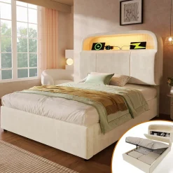 Redom Lit 90x200 cm en velours beige avec tête de lit réglable et rangement hydropneumatique au design contemporain* Lit Avec Rangement