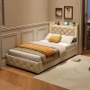 Lit 90x200 cm en velours beige avec tiroirs, rangement tête et lit à gaz, LED, ports USB/Type-C, design moderne et confortable>ProximaX Outlet