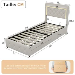 Lit 90x200 cm en velours beige avec tiroirs, rangement tête et lit à gaz, LED, ports USB/Type-C, design moderne et confortable><noscript><img width=