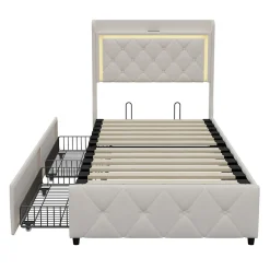 Lit 90x200 cm en velours beige avec tiroirs, rangement tête et lit à gaz, LED, ports USB/Type-C, design moderne et confortable><noscript><img width=