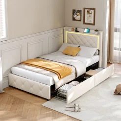 Lit 90x200 cm en velours beige avec tiroirs, rangement tête et lit à gaz, LED, ports USB/Type-C, design moderne et confortable><noscript><img width=