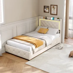 Lit 90x200 cm en velours beige avec tiroirs, rangement tête et lit à gaz, LED, ports USB/Type-C, design moderne et confortable><noscript><img width=
