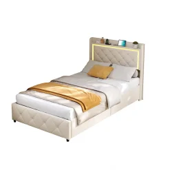 Lit 90x200 cm en velours beige avec tiroirs, rangement tête et lit à gaz, LED, ports USB/Type-C, design moderne et confortable><noscript><img width=