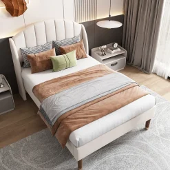 Lit 90x200 cm en velours beige avec tête de lit matelassée et sommier à lattes bois, design contemporain>Redom Sale