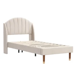 Lit 90x200 cm en velours beige avec tête de lit matelassée et sommier à lattes bois, design contemporain><noscript><img width=