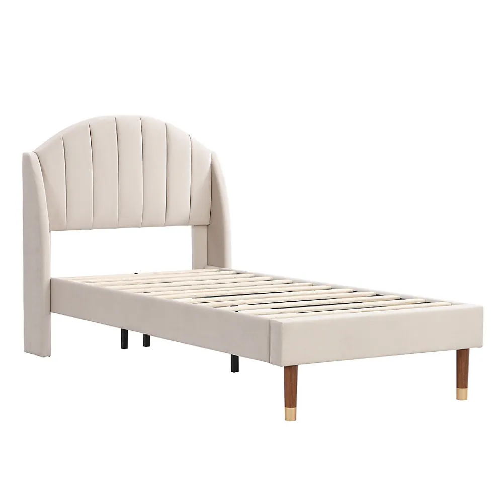Lit 90x200 cm en velours beige avec tête de lit matelassée et sommier à lattes bois, design contemporain>Redom Sale