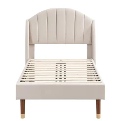 Lit 90x200 cm en velours beige avec tête de lit matelassée et sommier à lattes bois, design contemporain><noscript><img width=