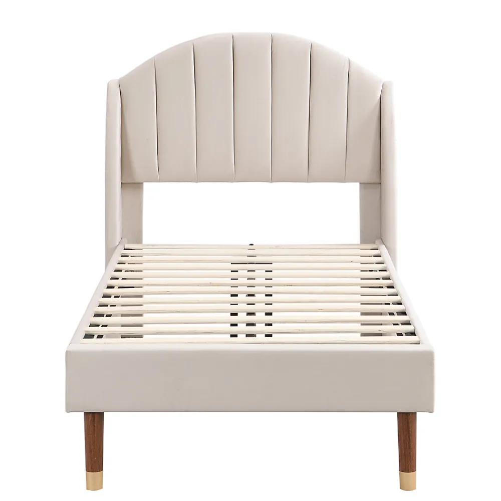 Lit 90x200 cm en velours beige avec tête de lit matelassée et sommier à lattes bois, design contemporain>Redom Sale