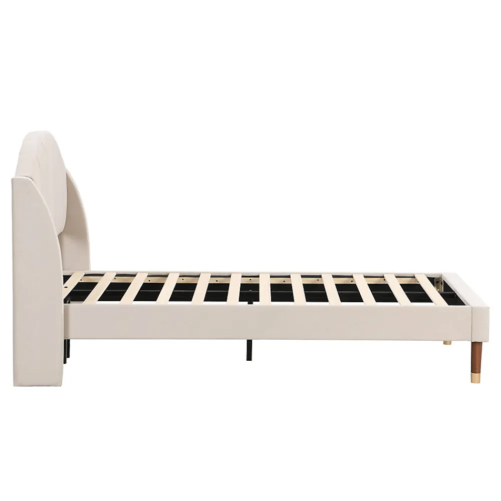 Lit 90x200 cm en velours beige avec tête de lit matelassée et sommier à lattes bois, design contemporain>Redom Sale