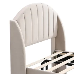 Lit 90x200 cm en velours beige avec tête de lit matelassée et sommier à lattes bois, design contemporain><noscript><img width=