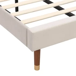 Lit 90x200 cm en velours beige avec tête de lit matelassée et sommier à lattes bois, design contemporain><noscript><img width=