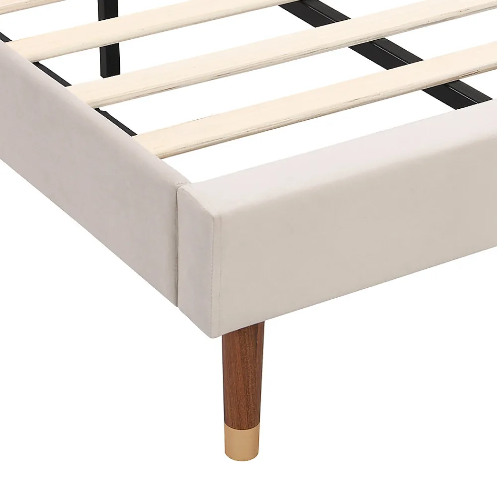 Lit 90x200 cm en velours beige avec tête de lit matelassée et sommier à lattes bois, design contemporain>Redom Sale