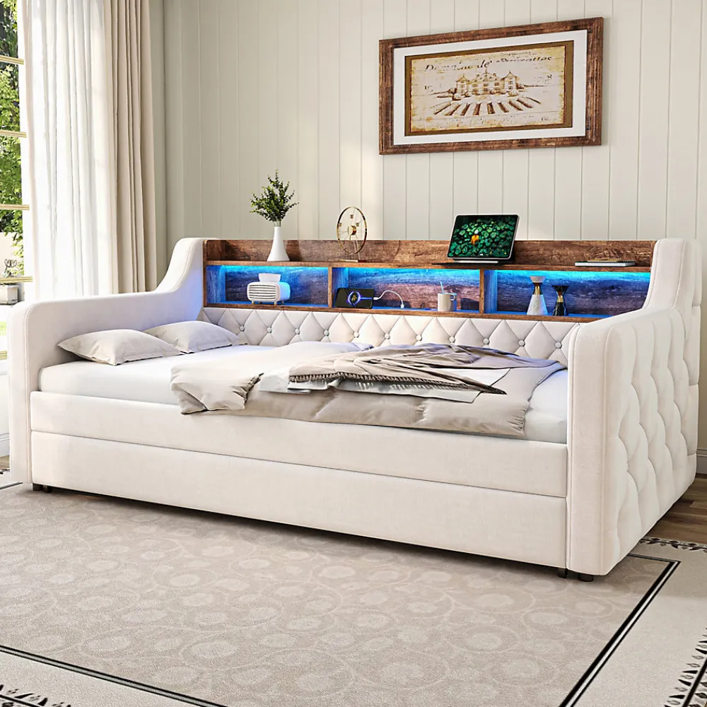 Lit 90x190 cm en velours beige avec rangement intégré, au design moderne et gain de place idéal pour studio>Redom