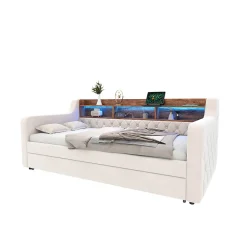 Lit 90x190 cm en velours beige avec rangement intégré, au design moderne et gain de place idéal pour studio><noscript><img width=