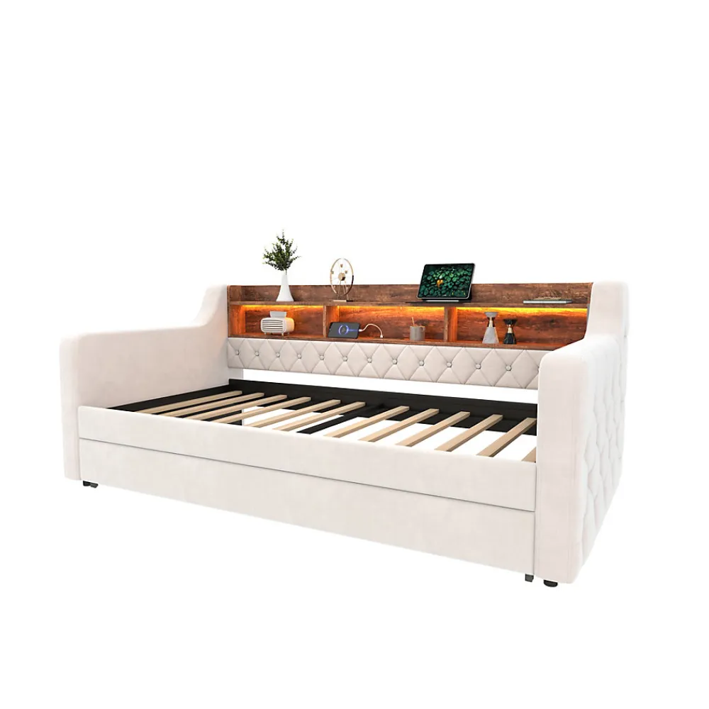 Lit 90x190 cm en velours beige avec rangement intégré, au design moderne et gain de place idéal pour studio>Redom