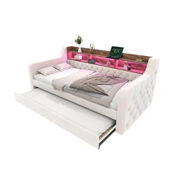 Lit 90x190 cm en velours beige avec rangement intégré, au design moderne et gain de place idéal pour studio><noscript><img width=