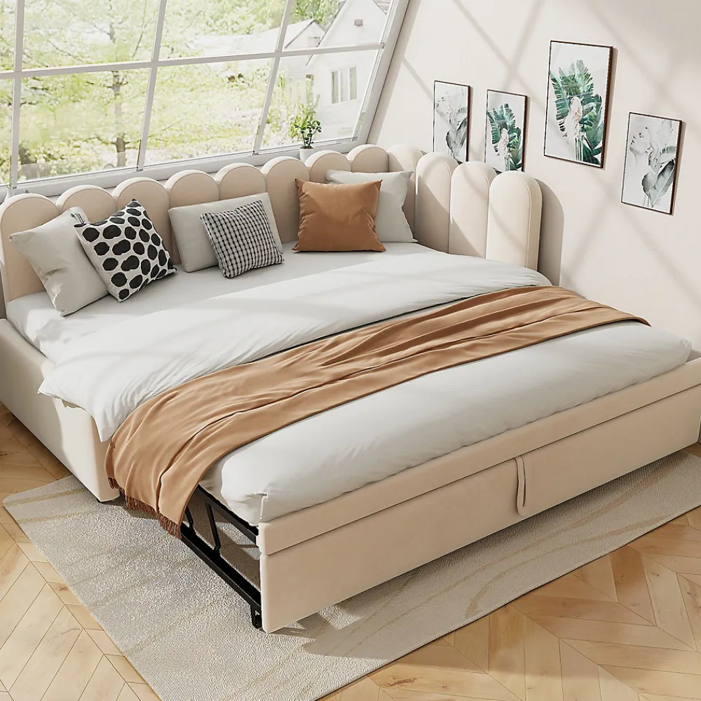 Lit 90x200 cm en velours beige, convertible en 180x200 cm, forme en L avec dossier rembourré>Redom Sale