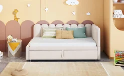 Lit 90x200 cm en velours beige, convertible en 180x200 cm, forme en L avec dossier rembourré><noscript><img width=