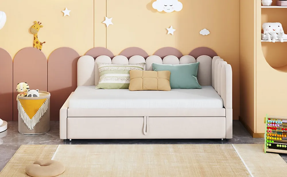 Lit 90x200 cm en velours beige, convertible en 180x200 cm, forme en L avec dossier rembourré>Redom Sale
